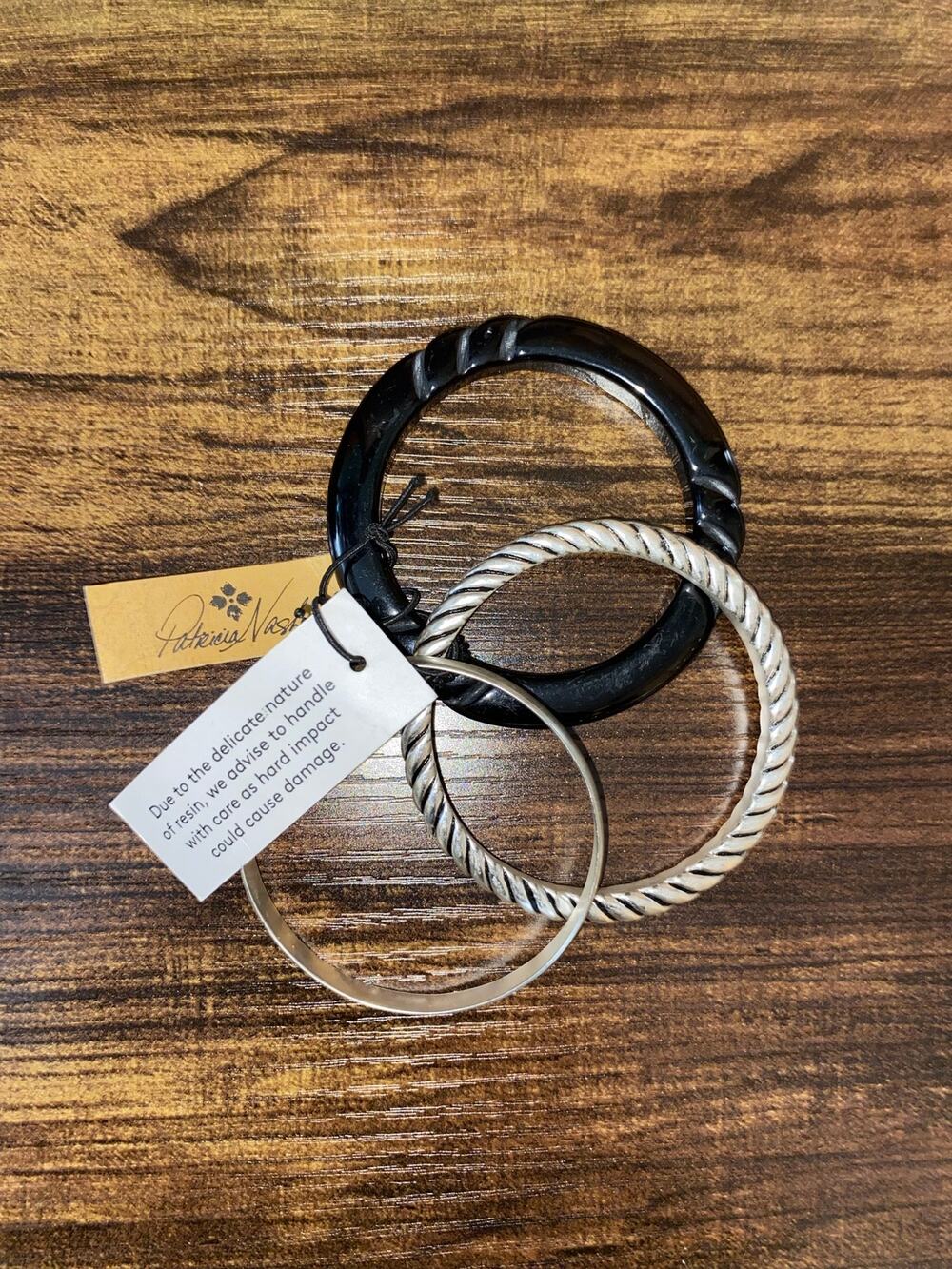 Patricia Nash 3-Piece Bangle Bracelet Set Black & Silver M/L NWT $59